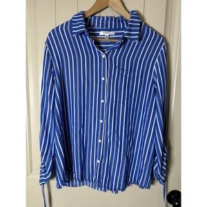 Daily Thread Women Button Up Blouse Sz L Blue Stripped Loose Summer Casual Chic
